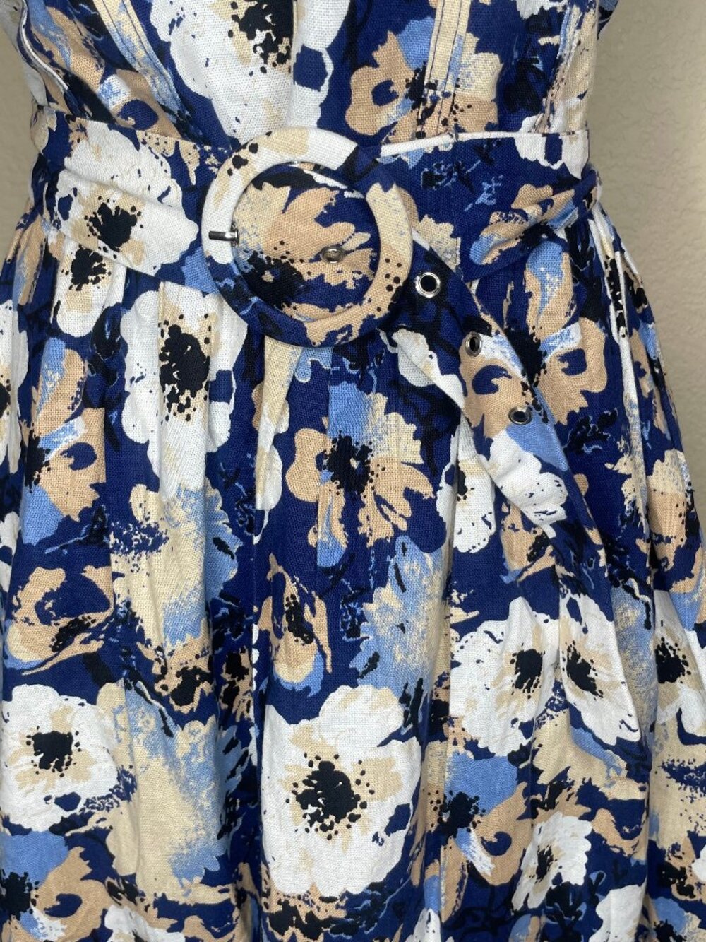 Lulus Navy Floral Linen Bustier Mini Dress XL Belted Cottagecore Sundress - Picture 4 of 12